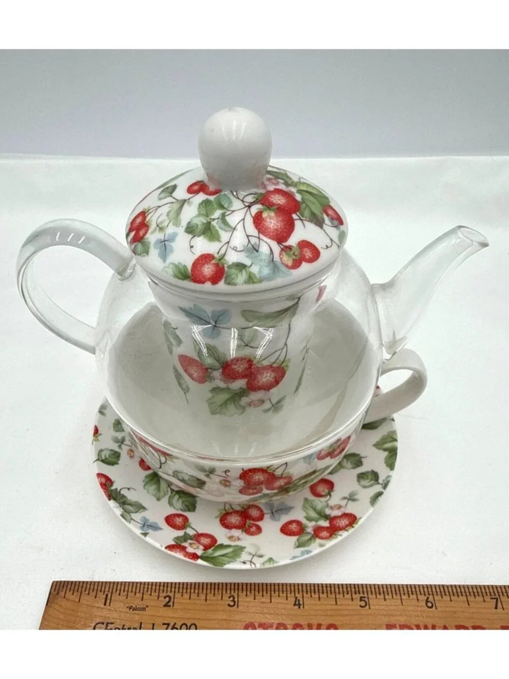 Grace Fine Porcelain Tea For One Set Strawberry Print Teapot Infuser Cup & Sauce
